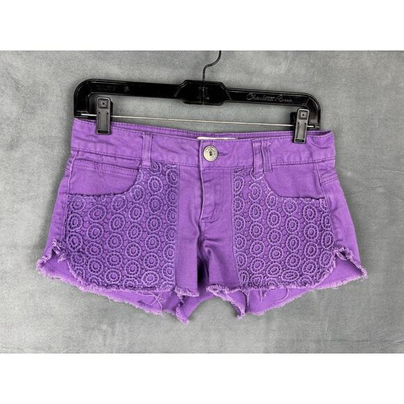 Jolt Micro Mini Denim Shorts Size 5 Purple Low Rise Crocheted Retro Festival - Picture 10 of 11